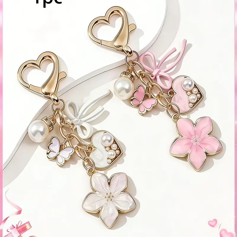 Bag Pendant Heart-Shaped Flower Sparkly, Bedazzled Bag Charm 3d Realistic Resistant To Rust Faux Pearl Pendant Cute And Versatile Suitable For Birthday Gift Keychain Charms For Bags Bag Accessories Charms