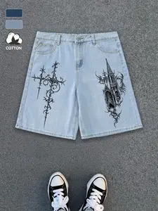 Men's Gothic Church Print Loose Denim Shorts, Heavy Cotton Design for Y2K Dark Rock Music Festivals, Skateboarding and Daily Summer Wear
