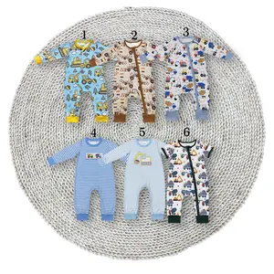 Baby Boys Embroidery Trucks Cute Fall Long Sleeve Boutique Pants Sleepwear Rompers