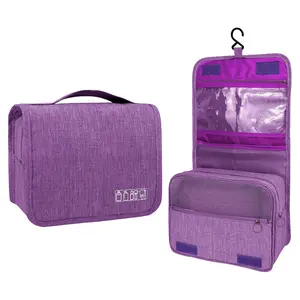 Unisex Travel Hanging Toiletry Bag, Waterproof Wet-Dry Separation Cosmetic Organizer with Hook, Portable Purple Polyester Storage Bag for Daily & Travel Use