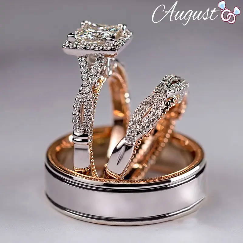 Women's 3-Piece Luxury Color-Separation Sparkling Zircon Bridal Ring Set - Nickel-Free Diamond Halo, Promise Ring for Girlfriend, Wedding Gift Idea, Diamond Halo Ring