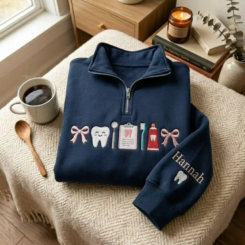Embroidered Custom Dentist Quarter Zip Sweatshirt, Dental Sweatshirt, Dental Hygienist Crewneck, Tooth Sweatshirt