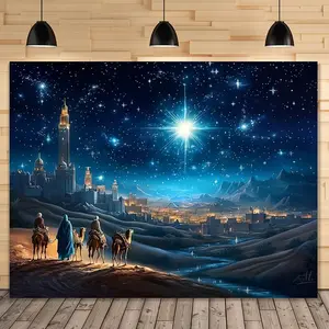 1pc Holy Family Nativity Scene Backdrop, Polyester Photography Background with Three Kings, Machine Washable, Easy Hang, No Electricity Needed, Spring Party & Holiday Decor, Single Piece Banners White