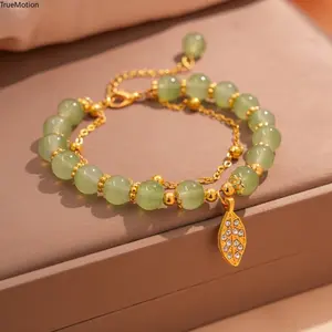 Chinese Style Green Jade Bead Bracelet - Exquisite Gold Leaf Double Chain Bracelet for Women, Girls & Birthday Gifts