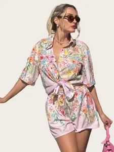 Pink Floral Two-Piece Resort Set - Soft Pink Floral Print, Relaxed Button-Up Shirt & Lightweight High-Waisted Shorts, Breathable & Versatile Style