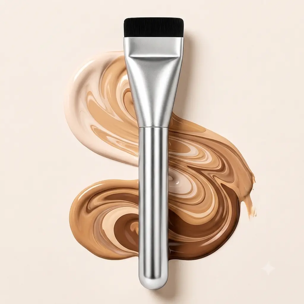 Premium Flat Foundation Makeup Brush - Korean Cosmetic Brush, Vegan Makeup Tool for Liquid, Cream Foundation Blending, Flawless Face Finish Fast (Silver)