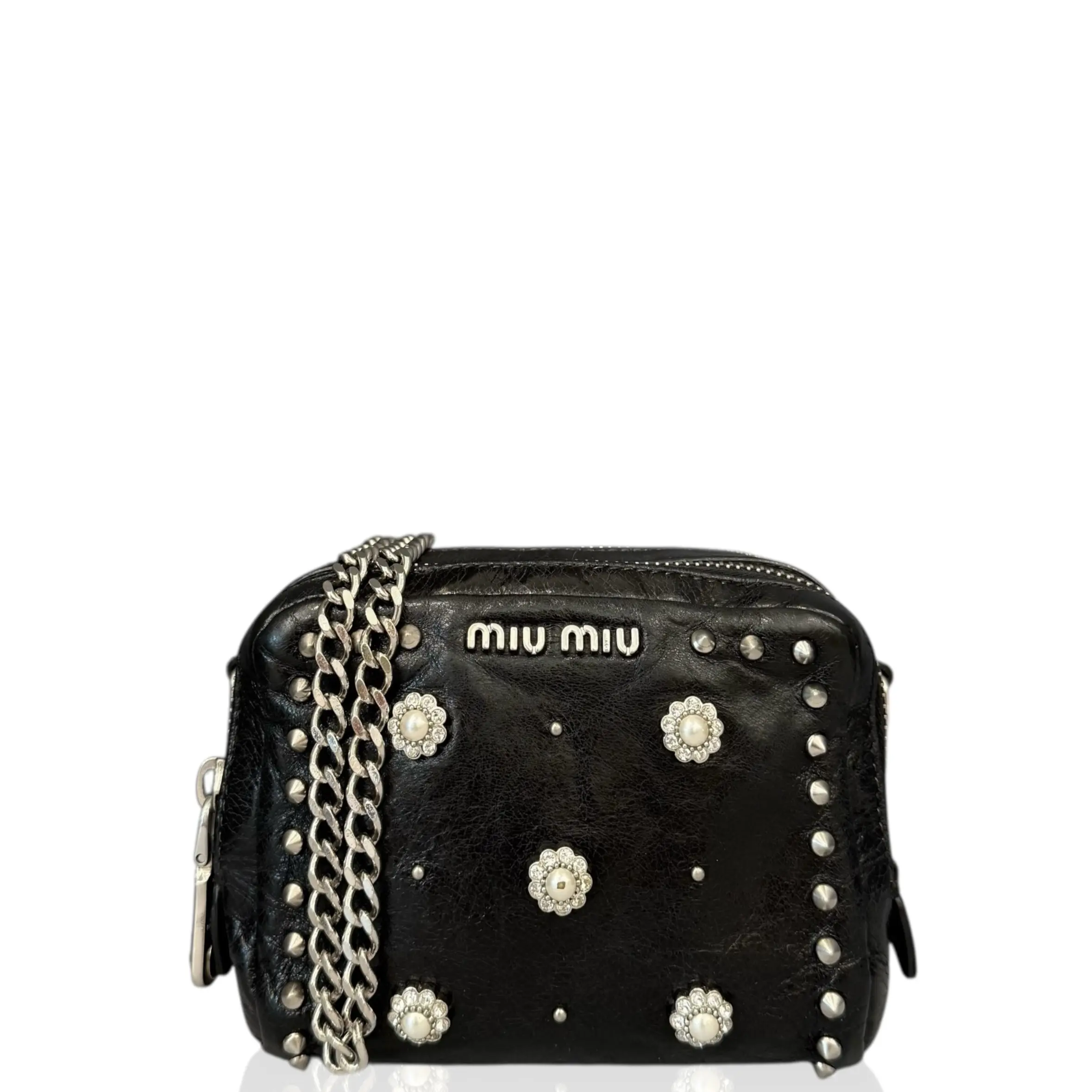 Pre-owned miu miu Leather Shoulder Bags Studded Strass Faux Pearl Shoulder Bag Pull Up Black (qy040126g7)
