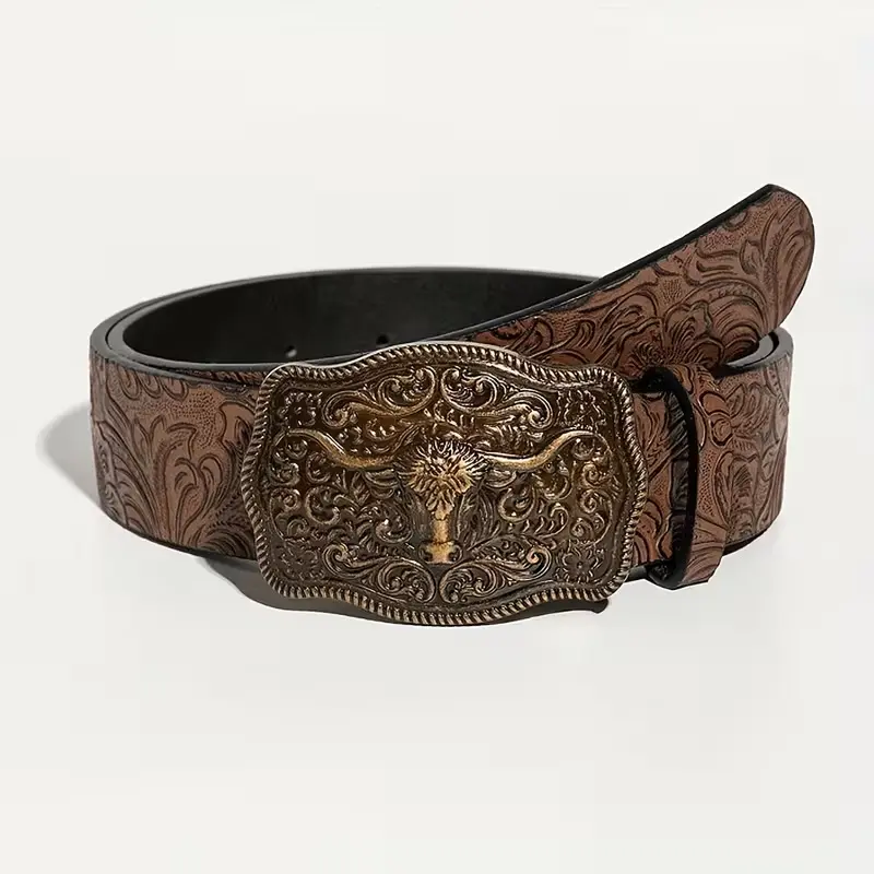 Fashionable Western Cowboy Style Bull Head Big Buckle Vintage Brown PU Emobossed Bull Head Decor Belt