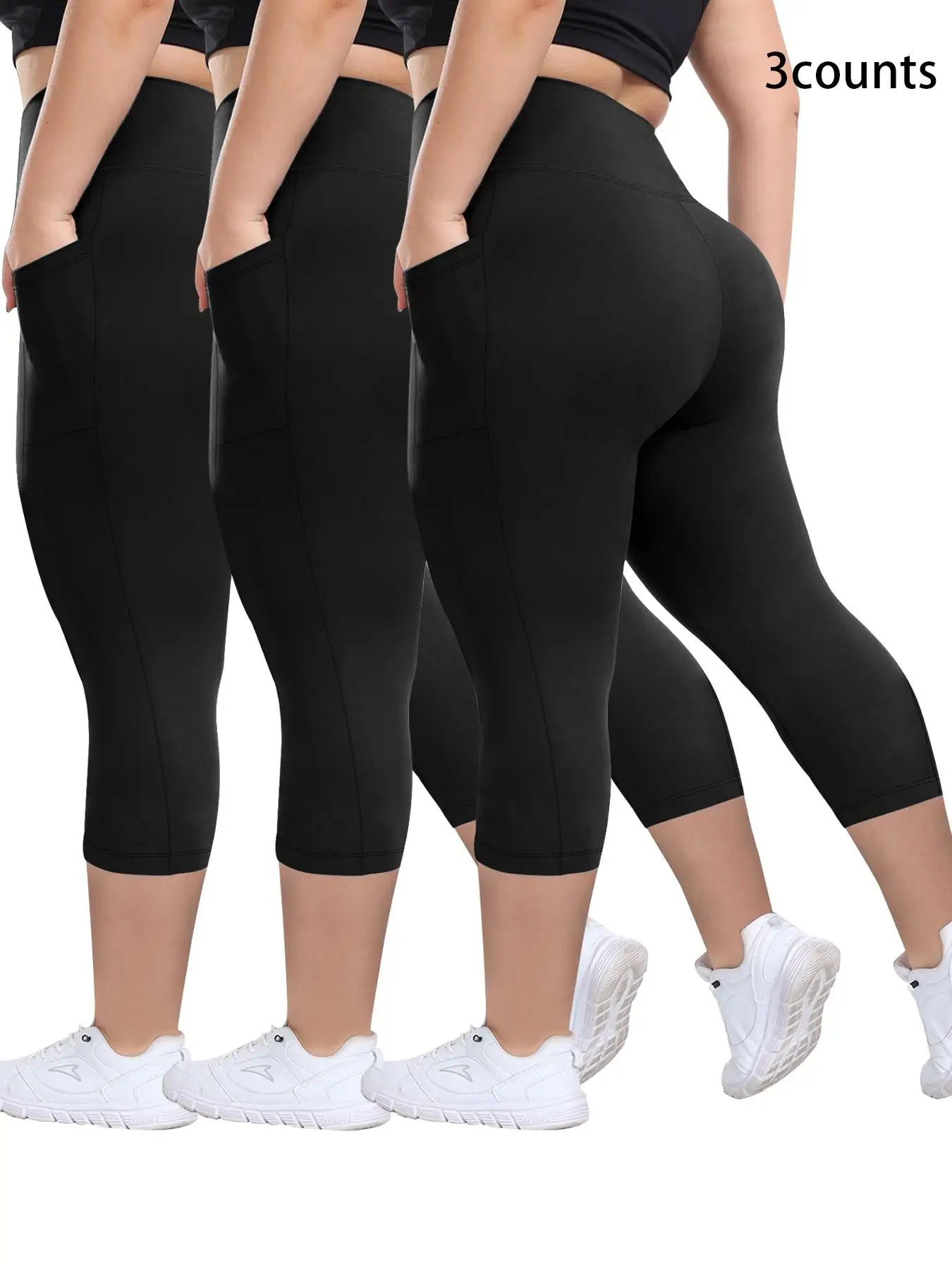 Plus Size Plain Pocket High Waist Capris Leggings, Casual Comfy Breathable Skinny Capri Pants for Daily Wear, Women's Plus Bottoms for Summer, Workout