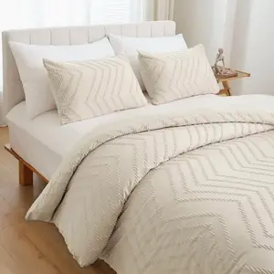Beige  Size Comforter Set 3 count Boho Chevron Tufted Cream Comforter Set Farmhouse Lightweight Neutral Bedding Sets (1 Comforter, 2 Pillowcases)