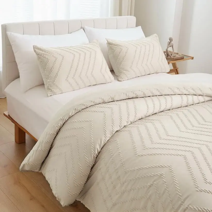Beige  Size Comforter Set 3 count Boho Chevron Tufted Cream Comforter Set Farmhouse Lightweight Neutral Bedding Sets (1 Comforter, 2 Pillowcases)