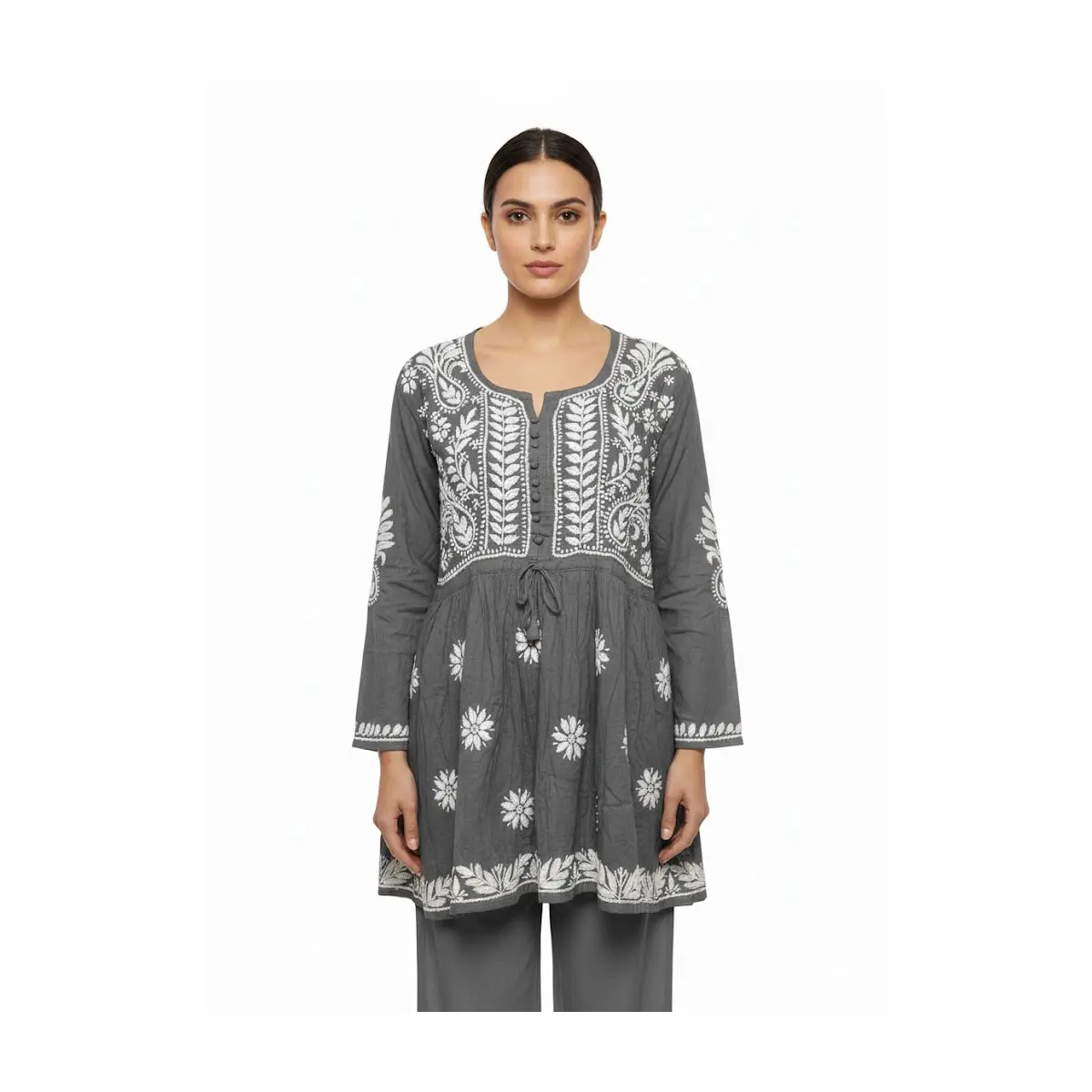 #Top- 83 Charcoal Grey Embroidered Tunic/Kurti with White Floral Stitching – Boho Top