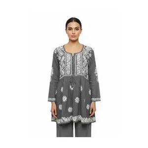 #Top- 83 Charcoal Grey Embroidered Tunic/Kurti with White Floral Stitching – Boho Top