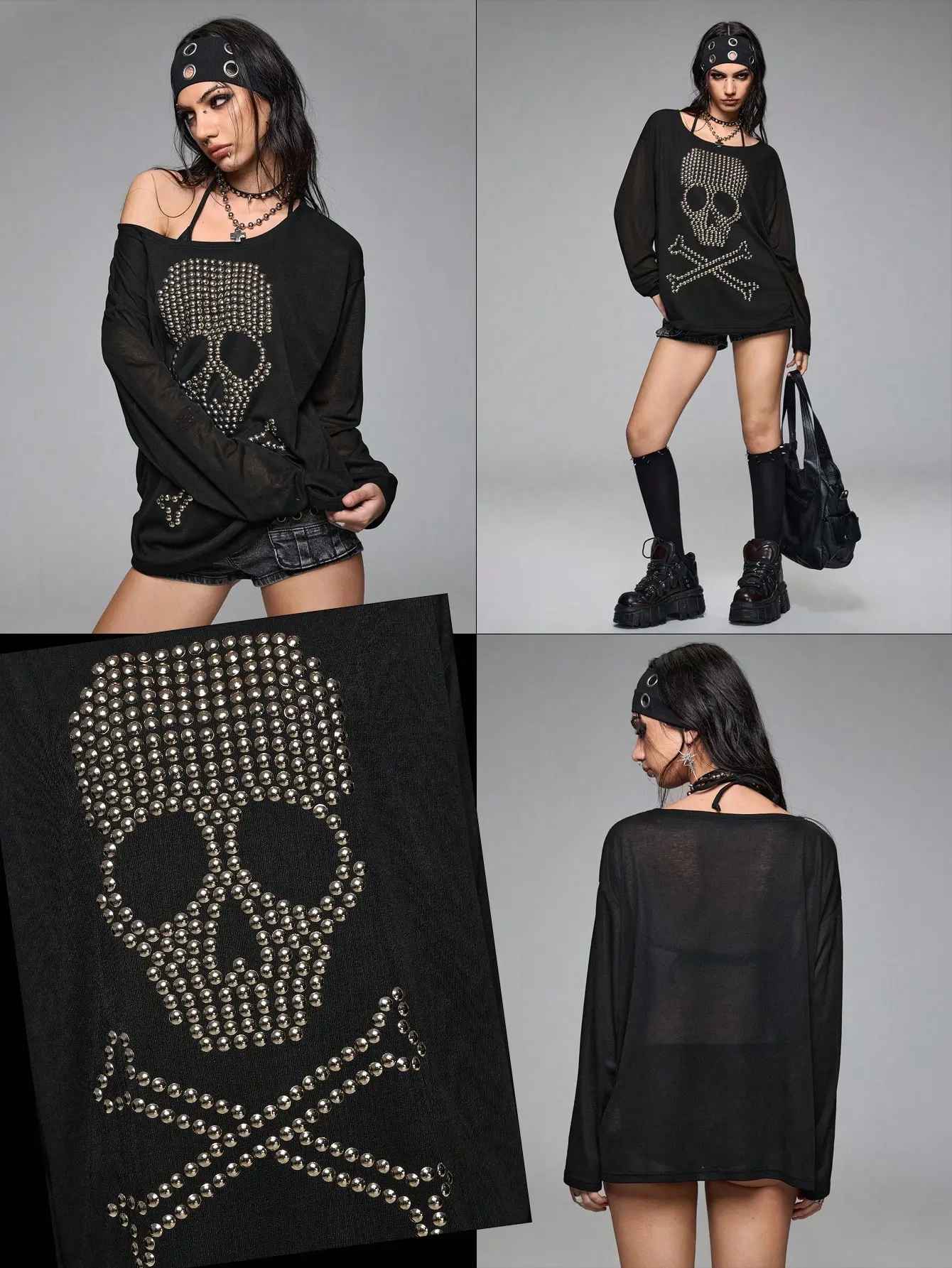 LALUZ Grunge Punk Loose Fit Oversized Scoop Neck Skull Rivet Rhinestone Graphic Long Sleeve T-Shirt Womens Y2K Egirl Streetwear Top