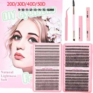 DIY Eyelash Extension Kit - Wispy Manga Lashes 20D/30D/40D/50D D Curl 9-16mm Mixed Length Individual Clusters for Adults Natural Lightness Soft Makeup