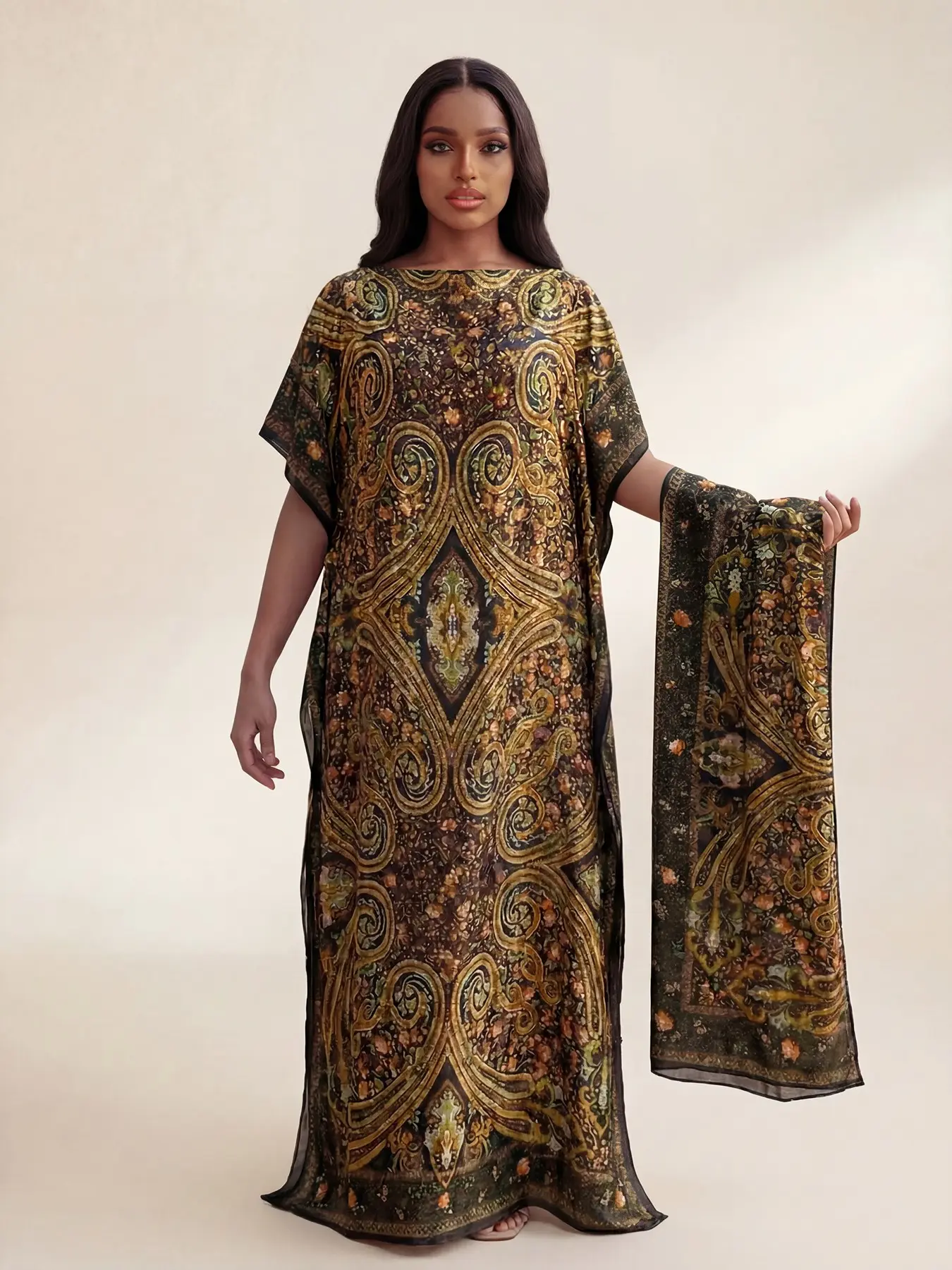 Women's Geometric Print Robe Set, Casual Boho Bohemian Long Dress & Headscarf, Beach Sun Protection Satin Scarf, All Seasons Fashion