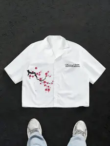 Men's Japanese Street Style Cherry Blossom Print Cuban Collar Shirt, Short Sleeve Breathable Summer Vacation Tee, Spring Floral Theme, Menswear