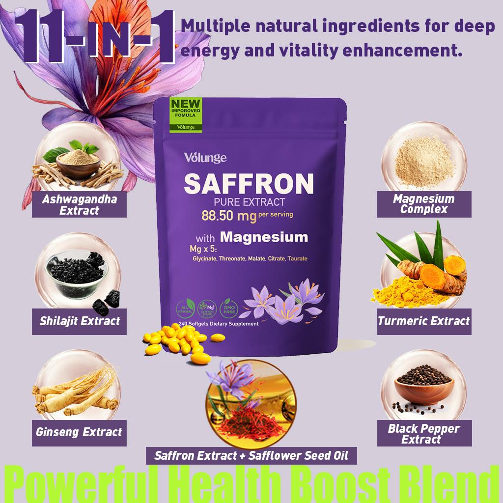 Volunge Premium Saffron Extract 88.5mg with Magnesium Complex – Focus, Energy, Stress & Eye Support – Vegan, Non-GMO – 240 Softgels
