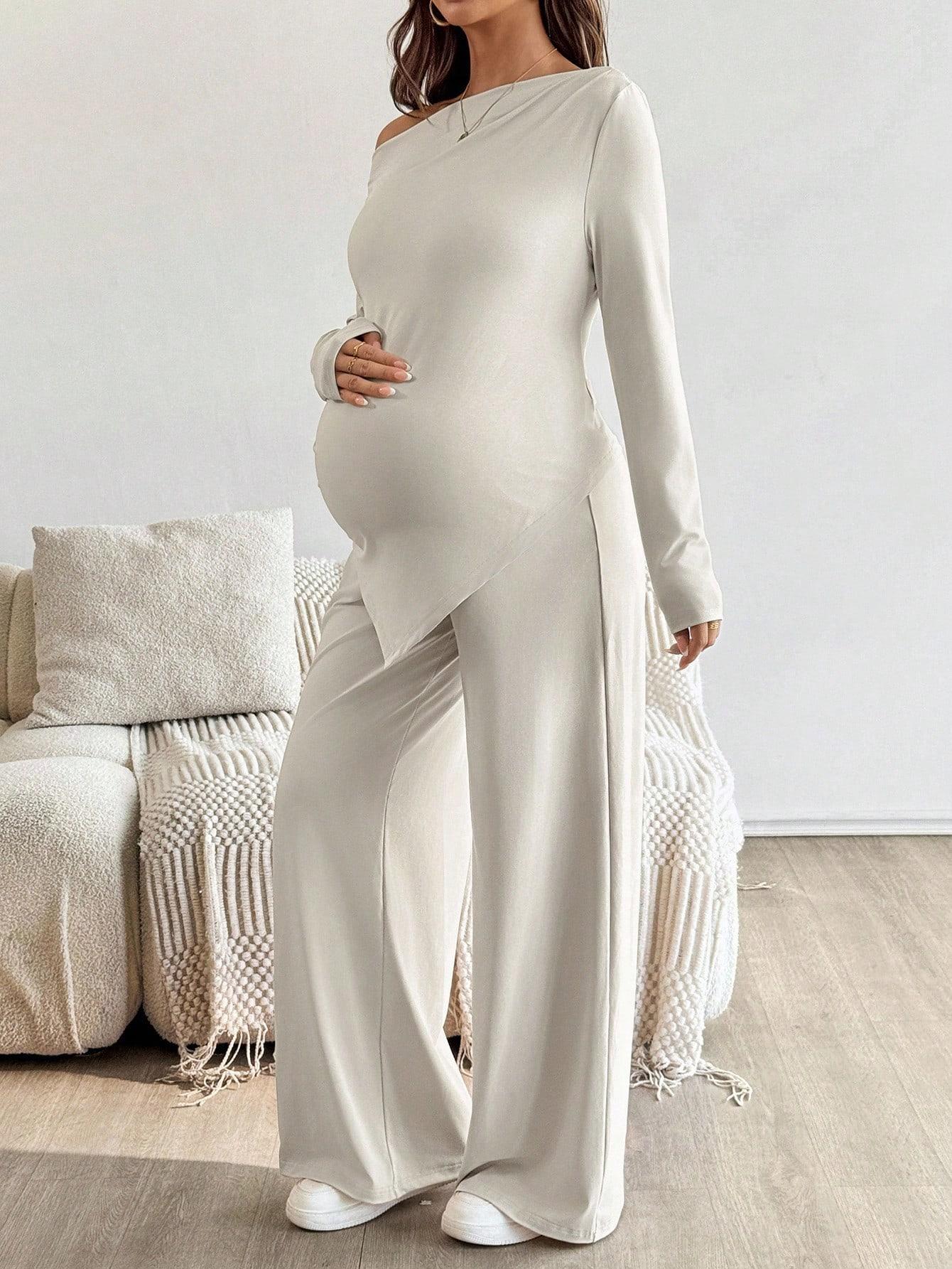 ZESTY MATERNITY Pregnant Women Casual Solid Color Asymmetric Top And Pants Set Stylish Maternity Two Piece Set Everyday Wear Autumn Season