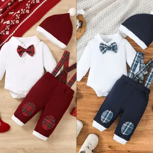 Xmas 3Pcs Cute Clohes for Newborn Baby Boys Outfits Long Sleeve Bow Tie Romper Tops Plaid Suspender Pants Hat 1-18M,Ready Stock 42408085