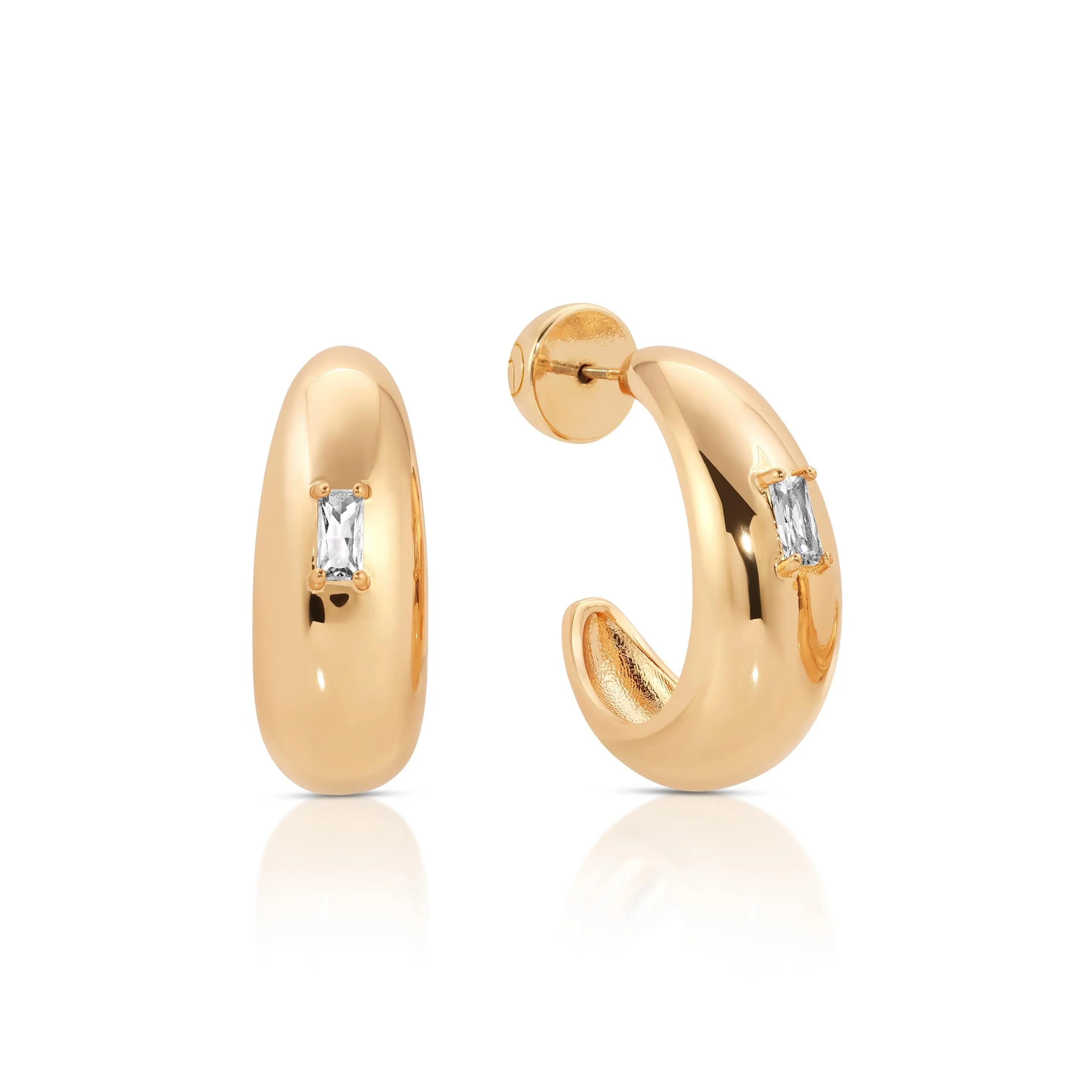 Ettika Oval Dome Baguette Hoops 18k Gold Plated Brass with Cubic Zirconia Earrings 1 Inch Length 0.16 Width Luxurious Jewelry