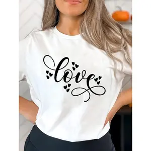Cursive "Love" with Hearts Cotton T-Shirt, 100% Cotton Romantic Minimalist Tee, Casual Valentine & Everyday Top