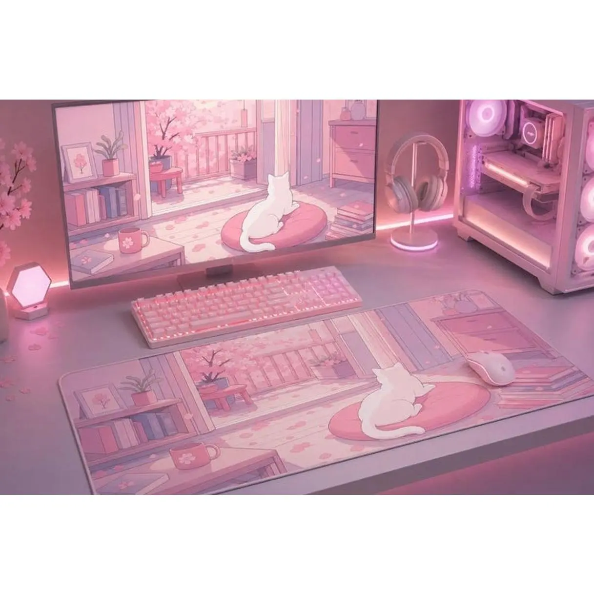 White Cat Cherry Blossom Desk Mat | Pastel Pink Anime Room Mousepad | XL Cozy Aesthetic Desk Pad | Kawaii Sakura Decor