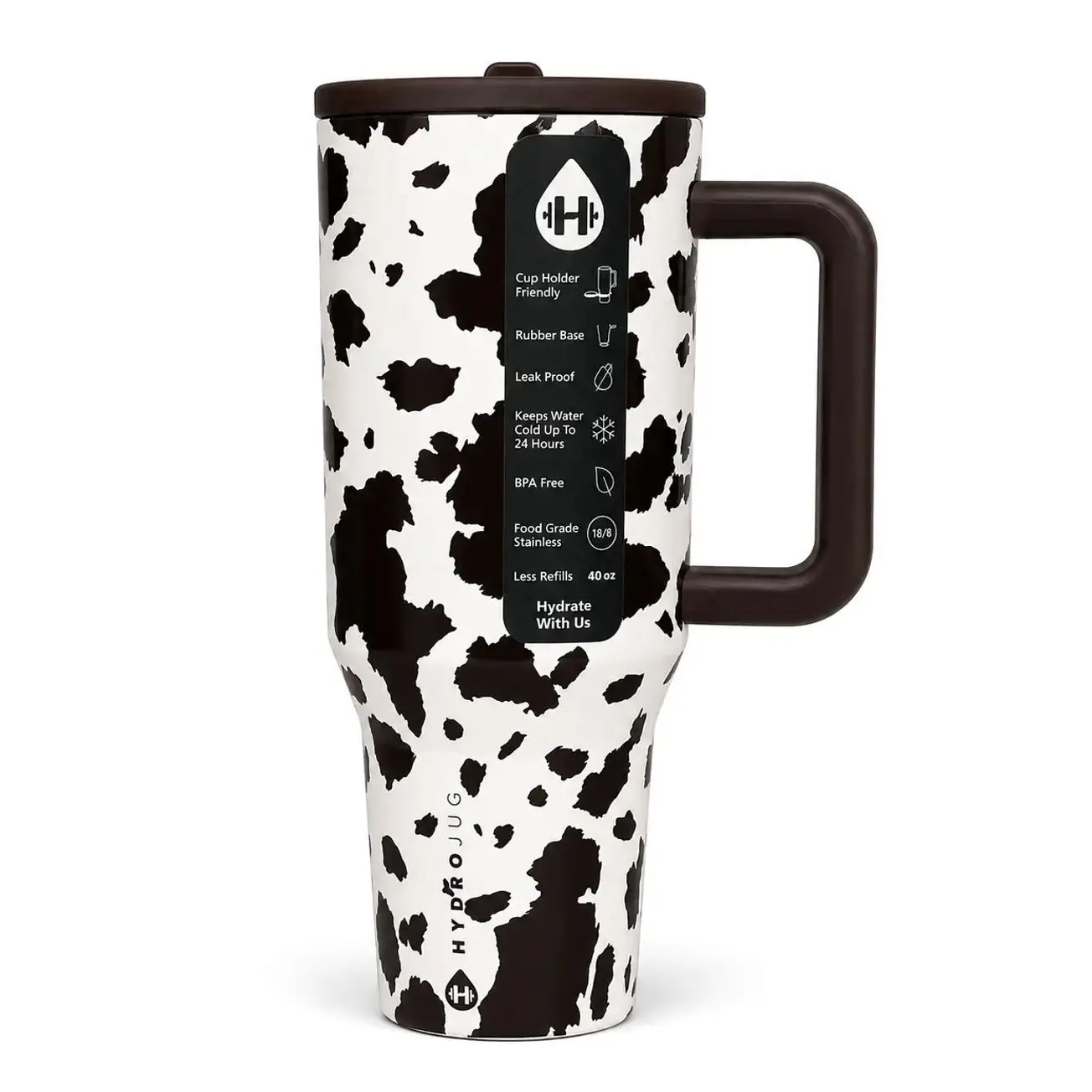 40oz Stylish Printed HydroJug Cow Print (Black and White) Stainless Steel Vacuum Flask - Double-Wall Insulated Drinkware with Handle, Straw, Portable for Women, Commute, Gifts for Women, Hydrojugs