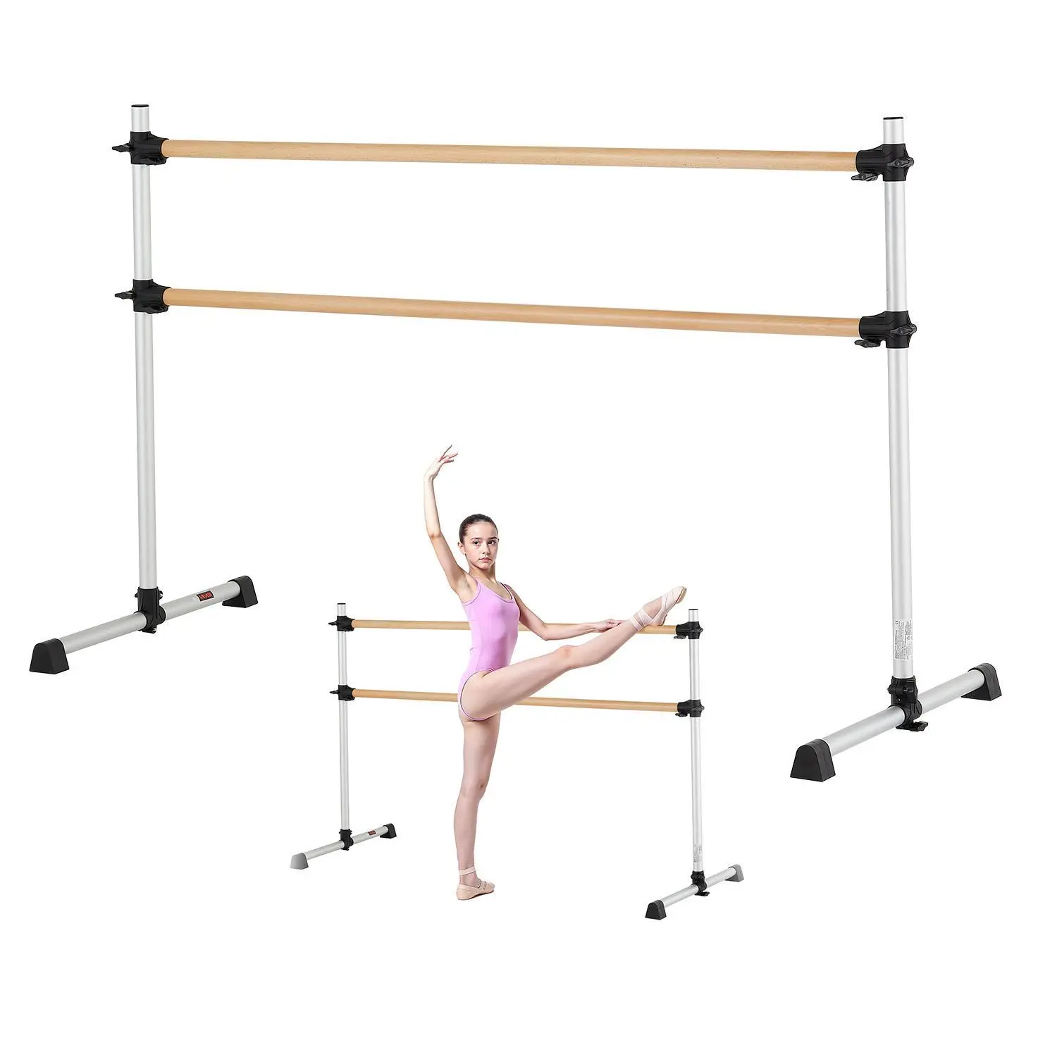 【DealsForYouDays】VEVOR 6 Ft Double Beechwood Ballet Barre, Freestanding Portable Height-Adjustable Anti-Wobble Home Gym Equipment, Ideal for Pilates, Strength Training