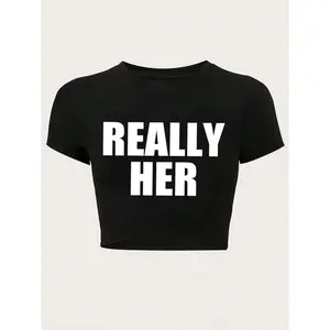 Women's Letter Print Round Neck Crop Tee, Fashion Casual Tight-fitting Short Sleeve T-shirt for Daily Wear, Ladies Summer Clothes, Casual Soft Top