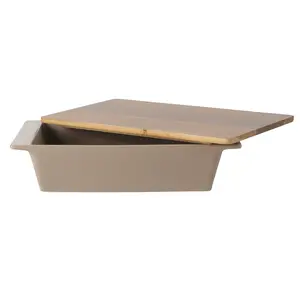 Gibson Elite 2.75-Quart 13.5" x 8.5" Stoneware Baking Dish with Acacia Wood Lid – Taupe Rectangular Oven Safe Baker for Casseroles, Roasting & Serving