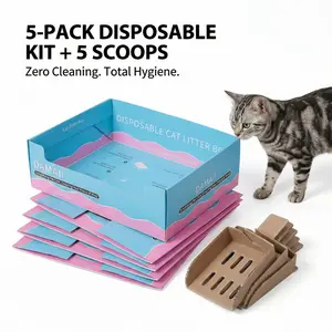 DAMAII 5-Pack Disposable Cat Litter Box Set with 5 Scoops Eco-Friendly Leak-Proof 20lbs Capacity Foldable for Hassle-Free Cat Care