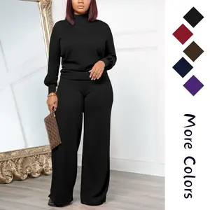 Women's 2-Piece Casual Set, Mock Neck Long-Sleeved Loose Top, Wide-Leg Pants, Lightweight Spring & Autumn Outfit