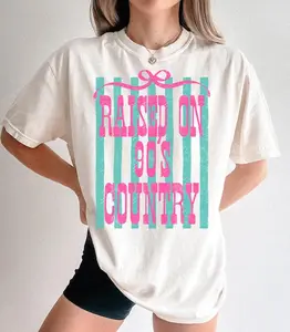 Raised on 90s Country Striped PNG, Trendy Retro Western Country Girl Distressed Summer Design, Summer Vacation Shirt
