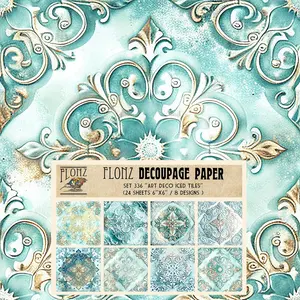 Decoupage Paper Pack (24 Sheets 6"x6") Art Deco Iced Tiles # Vintage Styled Pattern Paper for Decoupage, Craft and Scrapbooking