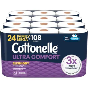 Cottonelle Ultra Comfort Toilet Paper with Cushiony CleaningRipples Texture, 24 Family Mega Rolls (24 Family Mega Rolls = 108 Regular Rolls) (4 Packs of 6), 296 Sheets per Roll, Packaging May Vary