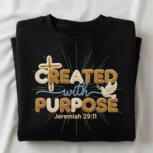 Created with Purpose Jesus Sweatshirt - Knitted Letters & Bible Verse, Christian Faith Apparel