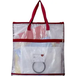 Project Bag - Craft Bag Organizer Tote with Handles, Two Pockets, See-Through Mesh, Card Slot Perfect for Quilting, Knitting, Stitching and Embroidery Projects Storage - 16”x16”