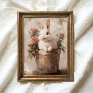 Vintage Easter Bunny Print, Floral Rabbit Painting Print Wall Art, Spring Flower Nursery Decor Unframed