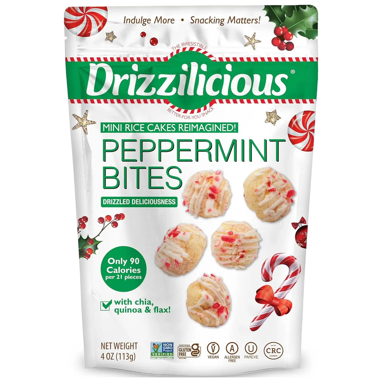 Drizzilicious Mini Rice Cakes Peppermint - Rice Crisps, Healthy Snack for Adults and Kids, Flavored Rice Cakes, Vegan, Gluten Free, Allergen Free, Only 90 Calories Per 21 Pieces - 8 oz