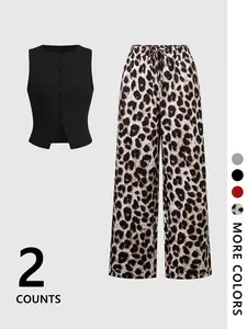 Two-Piece Set 2-Piece Women's Sleeveless Round Neck Knit Vest with Leopard Print, Slim-Fitting Crop Tops & Wide Leg Pants Set for Casual Spring Summer