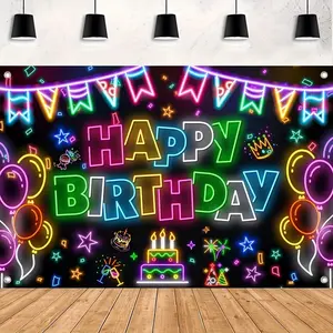 1pc Black Light Durable Polyester Neno Glow-in-the-Dark Birthday Party Backdrop - Vibrant Neon "Happy Birthday" Sign with Balloons, Candles & Confetti, Banner for Indoor Celebrations & Photo Ops, Festive Room