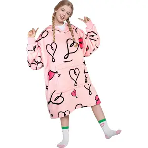 Love Print Blanket Hoodie for Kids, Oversized Fleece Blanket Sweatshirt, Warm Cozy Wearable Hooded Pullover for Boys & Girls, Christmas Gifts for TeensGift