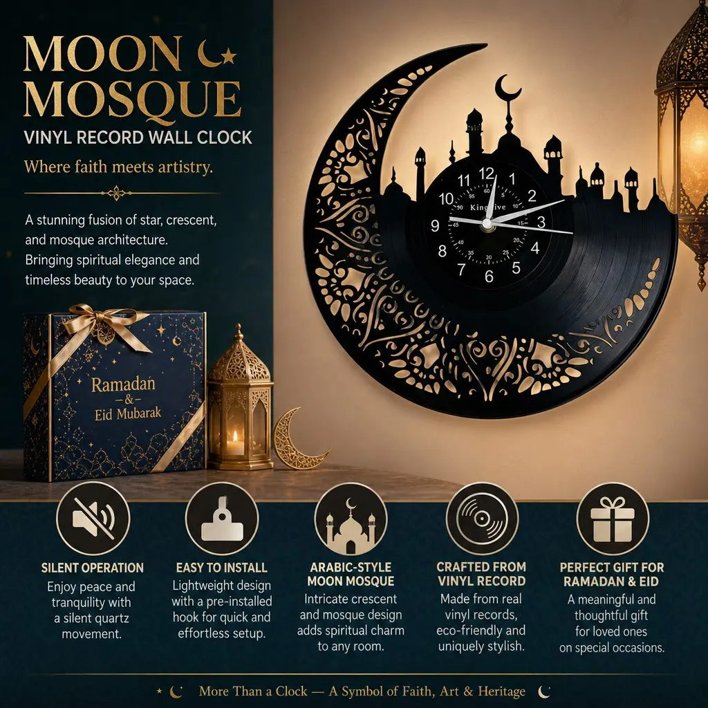 1 PC Modern Islamic Art Ramadan,Aesthetic Vinyl Record Wall Clock, Modern Islamic Home Decor, Silent Wall Clock, Mandala Wall Decor, Perfect Eid Gift Idea, Minimalist Wall Art for Living Room, Home Decor
