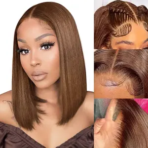 Chocolate Brown 13x4 Lace Frontal Wig Human Hair #4 Short Bob Straight HD Lace Front Wig Brazilian Virgin Human Hair Pre Plucked Hairline Short Colored Bob Wigs for Women