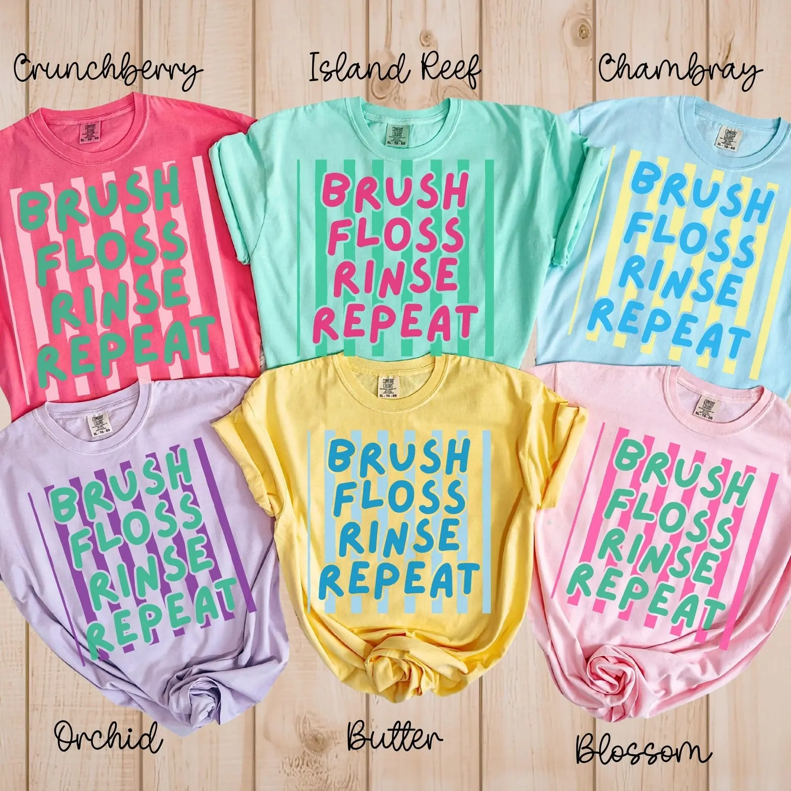 Comfort Colors Brush Floss Rinse Repeat – Dental Hygienist Printed Graphic Tee Dentist Squad Casual Unisex Top