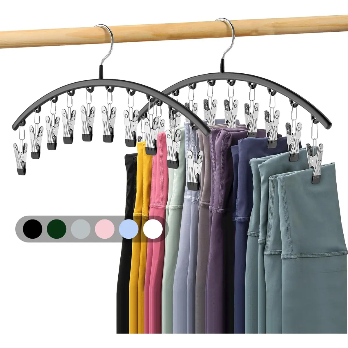 Legging Organizer for Closet, Metal Yoga Pants Hangers 2 Pack w/10 Clips Holds 20 Leggings, Space Saving Hanging Closet Organizer w/Rubber Coated Closet Organizers and Storage