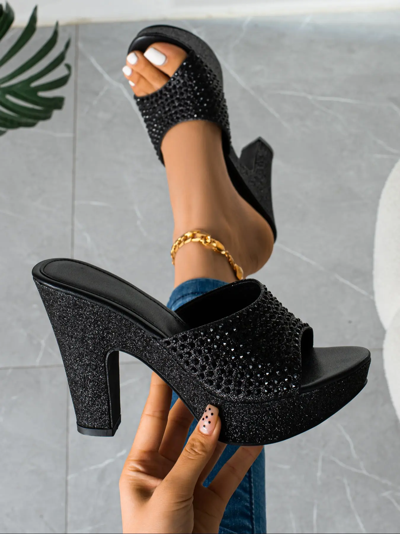 Elegant Women's Rhinestone Metallic Color High Heel Sandals, Glitter Heeled Sandals, Thick Sole Fashionable Shoes for Parties & Nightclubs, Stylish Versatile Heels