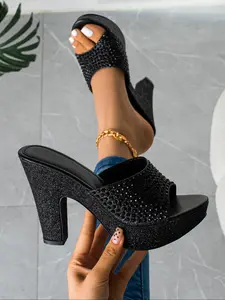 Elegant Women's Rhinestone Metallic Color High Heel Sandals, Glitter Heeled Sandals, Thick Sole Fashionable Shoes for Parties & Nightclubs, Stylish Versatile Heels