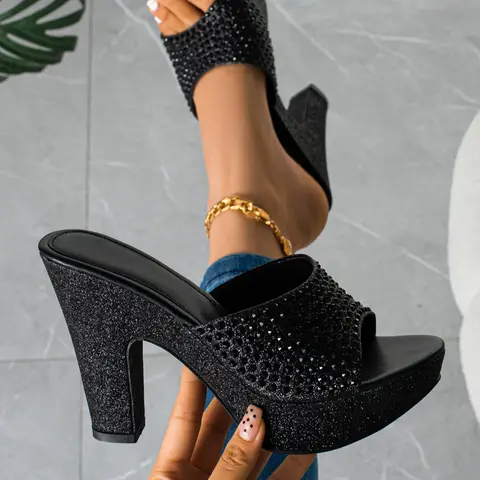 Elegant Women's Rhinestone Metallic Color High Heel Sandals, Glitter Heeled Sandals, Thick Sole Fashionable Shoes for Parties & Nightclubs, Stylish Versatile Heels